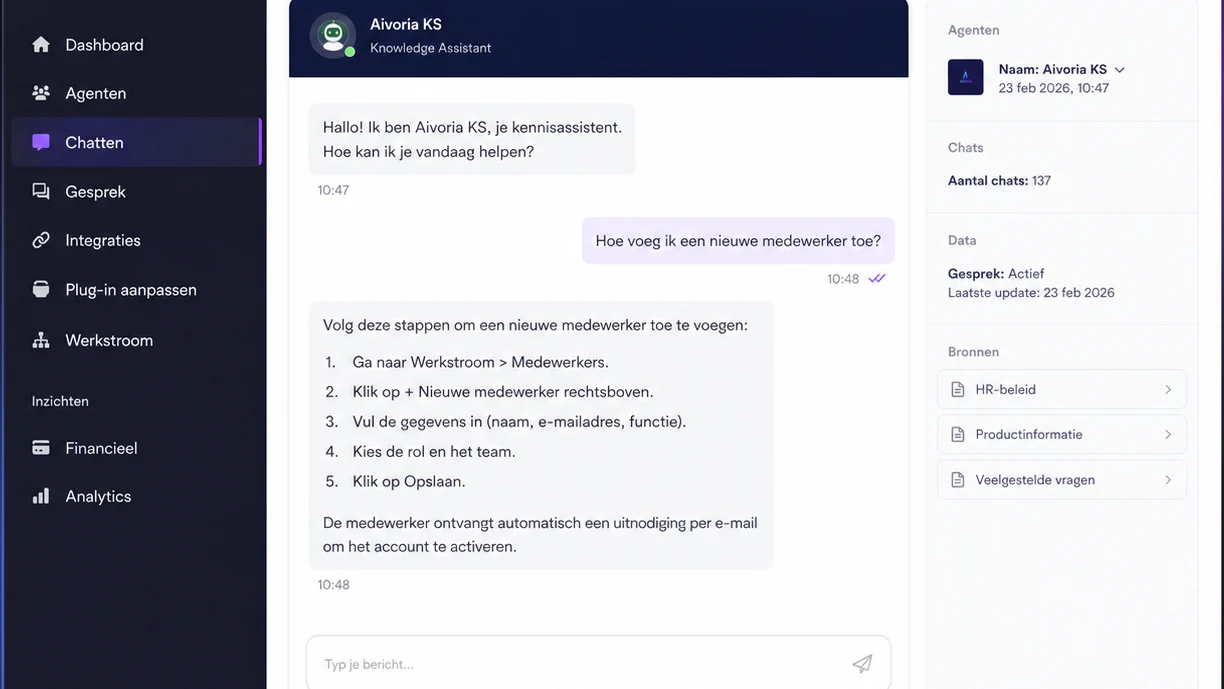 Aivoria KS: een gesprek met de kennisassistent, met ernaast de agent, het aantal chats en de bronnen