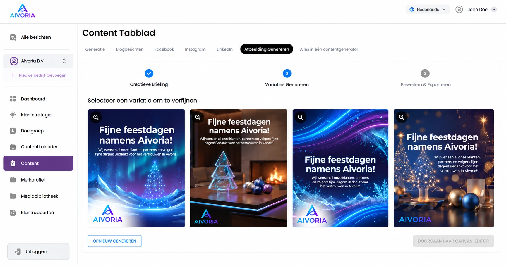 Aivoria SMP: het tabblad Content, met links de navigatie en vier door AI-gegenereerde afbeeldingsvarianten om uit te kiezen